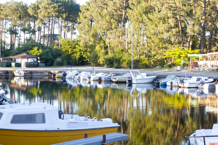 sailing and motorboats reflected in a lake and moored in a pier near a parkの写真素材