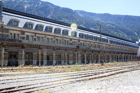 Train station in Canfranc with the railroad, Spainの写真素材