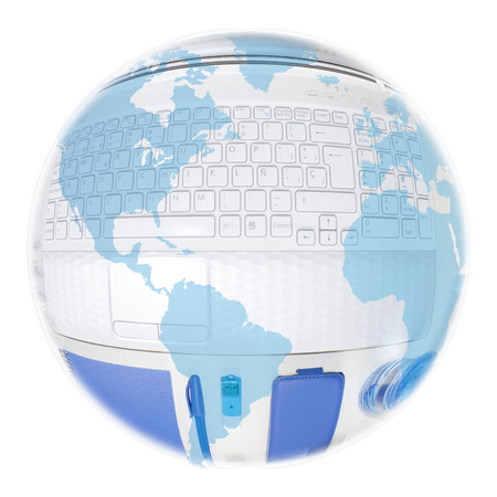 America globe over a laptop and blue things to use in an office