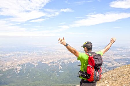 Man on the Moncayo mountain enjoying the view in summerの写真素材