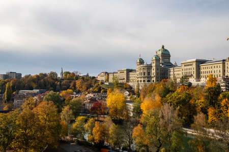 Bern Switzerland - 10.25.2020 View of The Swiss Parliament (Bundeshaus) from  Kirchenfeldbruecke Bridgeのeditorial素材