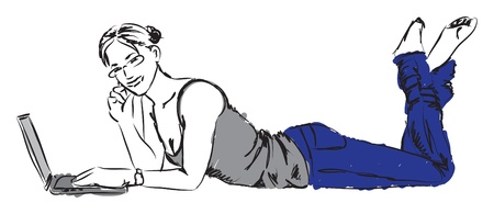 woman working with her laptop at the floorのイラスト素材