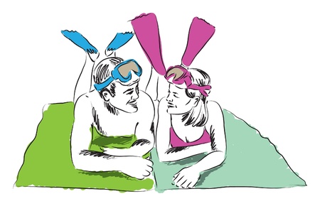 couple with snorkels at the beach illustrationのイラスト素材