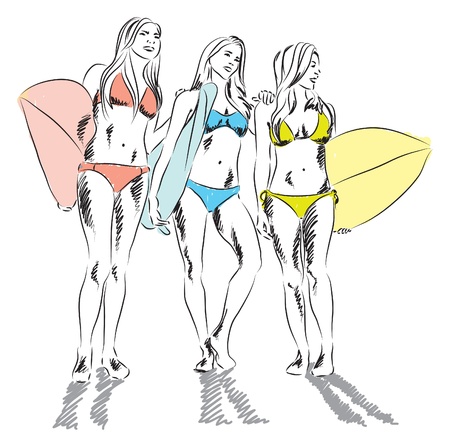 girls surfers at the beach illustrationのイラスト素材