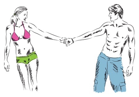 couple man and woman walking at the beachのイラスト素材