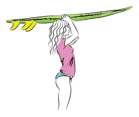 girl standing up with a surf board illustrationのイラスト素材