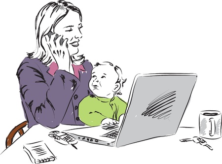 mom working at home with baby illustrationのイラスト素材