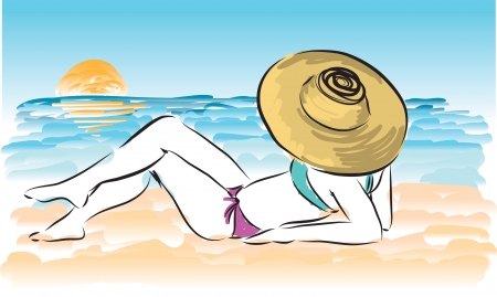 lady at the beach illustrationのイラスト素材