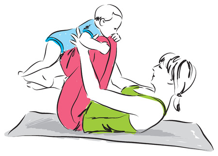 yoga postnatal mom and baby illustrationのイラスト素材