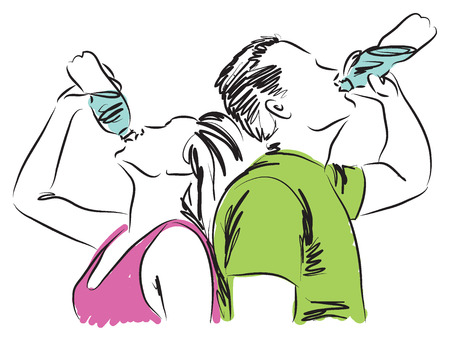 man and woman drinking a bottle of water illustrationのイラスト素材