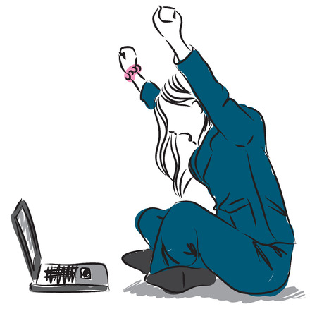 woman girl at computer win winner triumph victory illustrationのイラスト素材