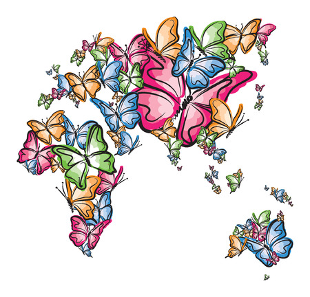 europe Asia Africa and Australia world map silhouette made of butterfly illustrationのイラスト素材