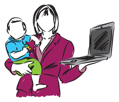mom mother work in home with a baby illustrationのイラスト素材