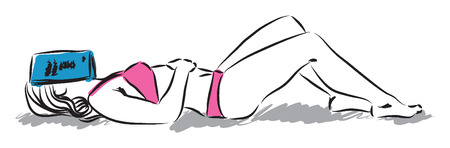 sleepy woman with a book at the beach illustrationのイラスト素材