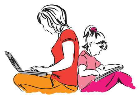 mom and daughter sitting down with computers illustrationのイラスト素材