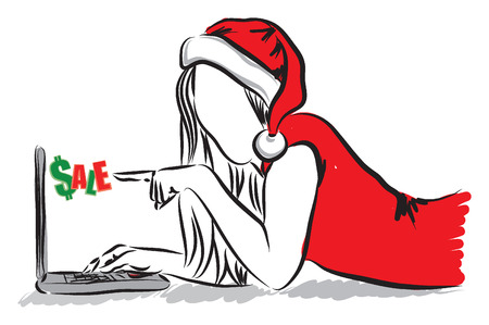 x-mas girl buying on-line sales illustrationのイラスト素材