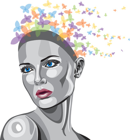 Metallic face woman with butterfliesのイラスト素材