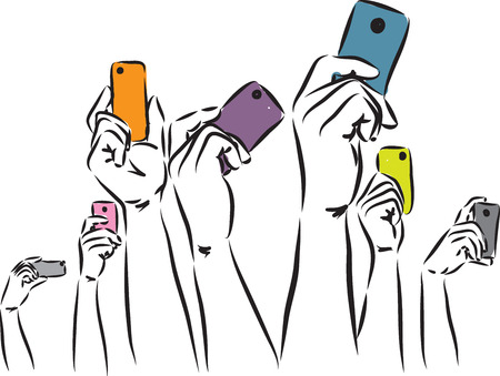 hands raising phones illustrationのイラスト素材