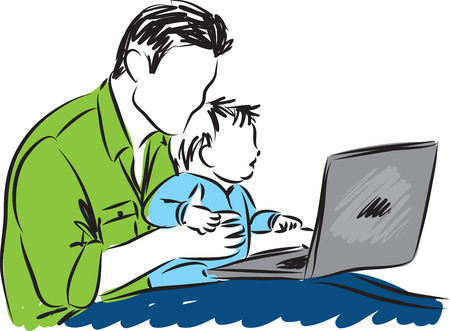 father and baby with a laptop computer illustrationのイラスト素材