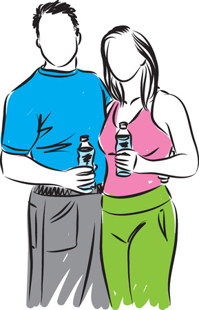 fitness couple man and woman with bottles of water illustrationのイラスト素材
