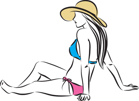 woman in bikini and hat sitting down illustrationのイラスト素材