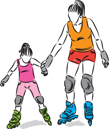 woman and little girl with roller skatesのイラスト素材
