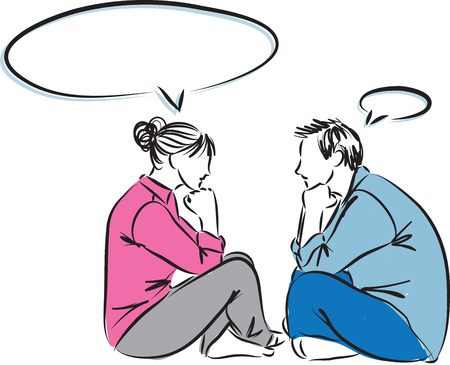 couple man and woman looking and thinking balloon face to face illustrationのイラスト素材
