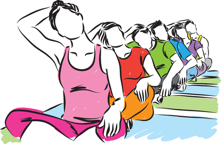 GROUP OF PEOPLE YOGA STRETCHING ILLUSTRATIONのイラスト素材