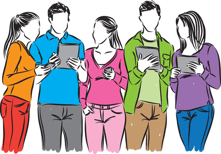 group of friends with tablets and cellphones illustrationのイラスト素材