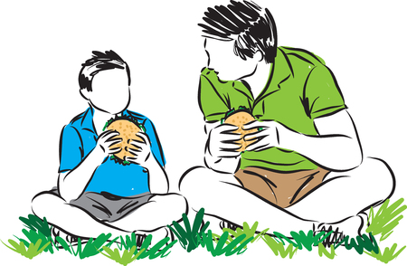 A father and son bonding eating sandwiches vector illustration.のイラスト素材