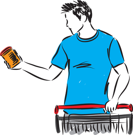 man choosing product with shopping cart illustrationのイラスト素材