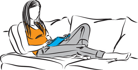 PRETTY WOMAN RELAXING READING A BOOK VECTOR ILLUSTRATIONのイラスト素材