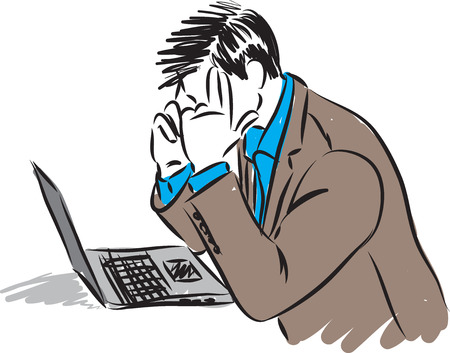 Businessman thinking in front of laptop, vector illustration.のイラスト素材