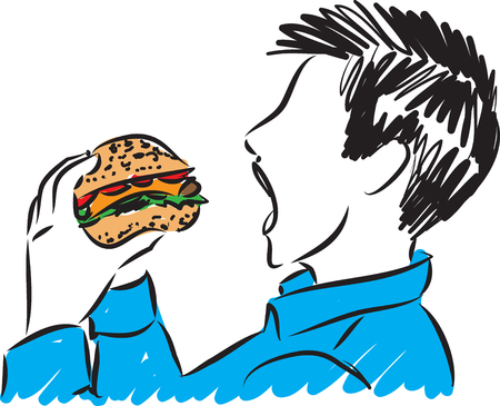 hungry boy eating burger vector illustrationのイラスト素材