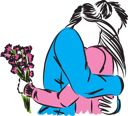 couple hugging woman with flowers vector illustrationのイラスト素材