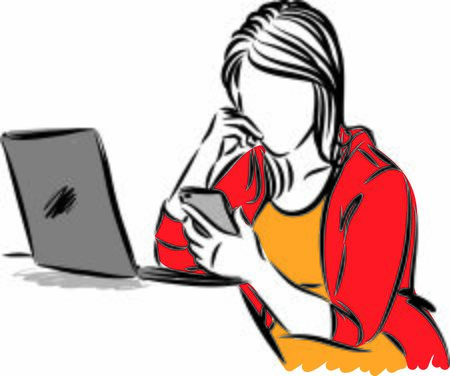 woman looking at cellphone and with laptop computer vector illustrationのイラスト素材