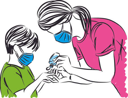 mother putting hand sanitizer gel to little boy wearing masks vector illustrationのイラスト素材