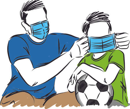 boy with soccer ball and father with masks pandemic conceptのイラスト素材