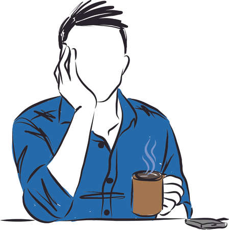 man drinking cup of coffee thinking and with cell phone vector illustrationのイラスト素材
