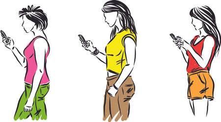 three women walking looking at cell phone vector illustrationのイラスト素材