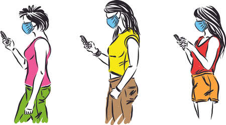 three women with masks walking looking at cell phone vector illustrationのイラスト素材