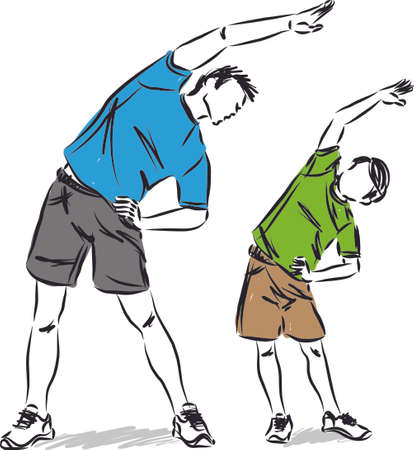 father and son doing stretching exercises fitness vector illustrationのイラスト素材