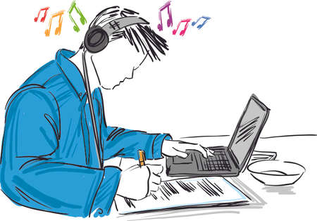 young guy studying reading listening music in front laptop vector illustrationのイラスト素材