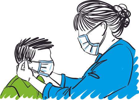 woman nurse doctor putting mask to child prevention concept vector illustrationのイラスト素材