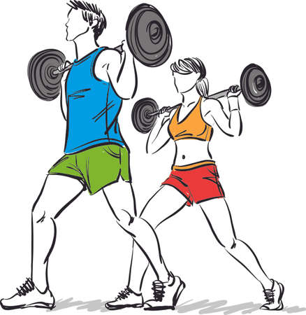 couple fitness gym concept strong woman men vector illustrationのイラスト素材
