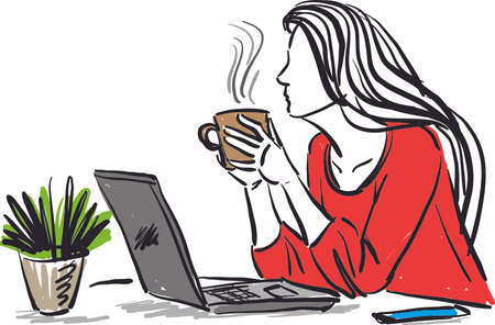 pretty woman drinking cup of coffee and working with laptop vector illustrationのイラスト素材