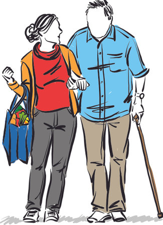 woman and old senior man walking with grocery bag vector illustrationのイラスト素材