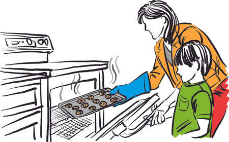 little boy cooking cookies with mother nutrition concept vector illustrationのイラスト素材