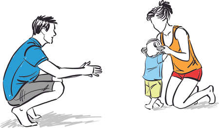 parents mother and father teaching to walk baby parenthood concept family vector illustrationのイラスト素材