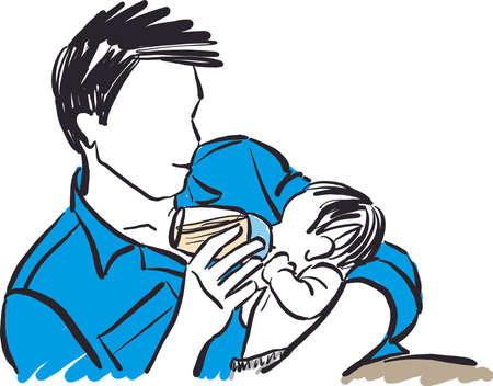 man and son father with new born with bottle of milk lovely tenderness parent vector illustrationのイラスト素材